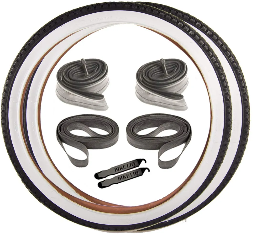 Beach Cruiser 26' x 2.125' Diamond Tread Whitewall Tire Tube Rim Strip Lever Kit Bundle