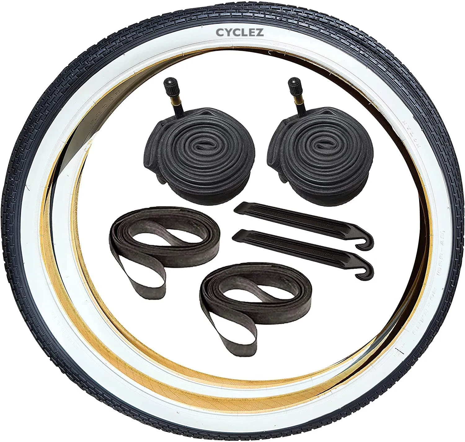 Beach Cruiser Brick 26' x 2.125' Whitewall Tire Kit with Tubes, Rim Strips, and Levers