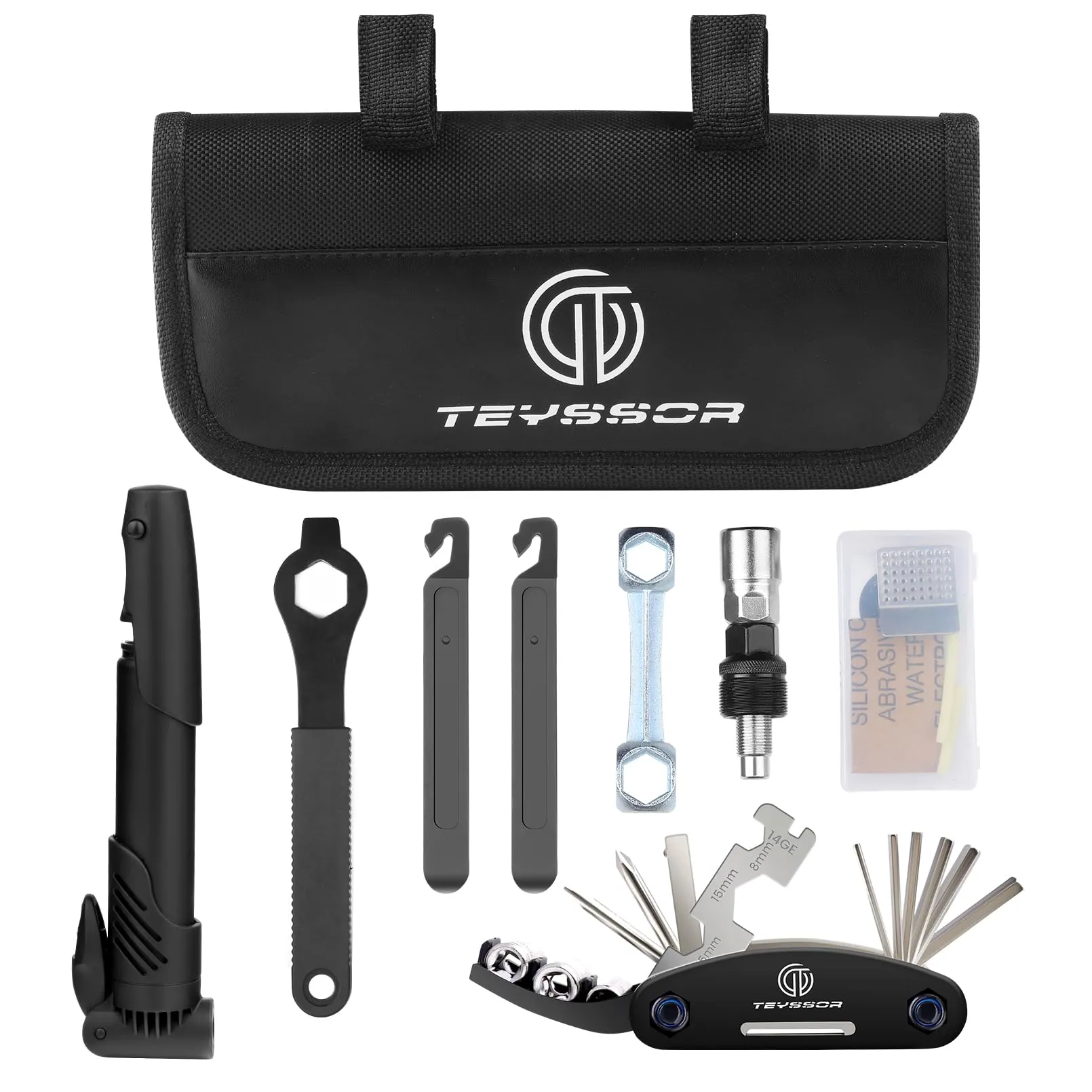 Bicycle Repair Bag with Tire Pump - Complete 16 in 1 Bike Repair Tool Kit for Cycling Enthusiasts