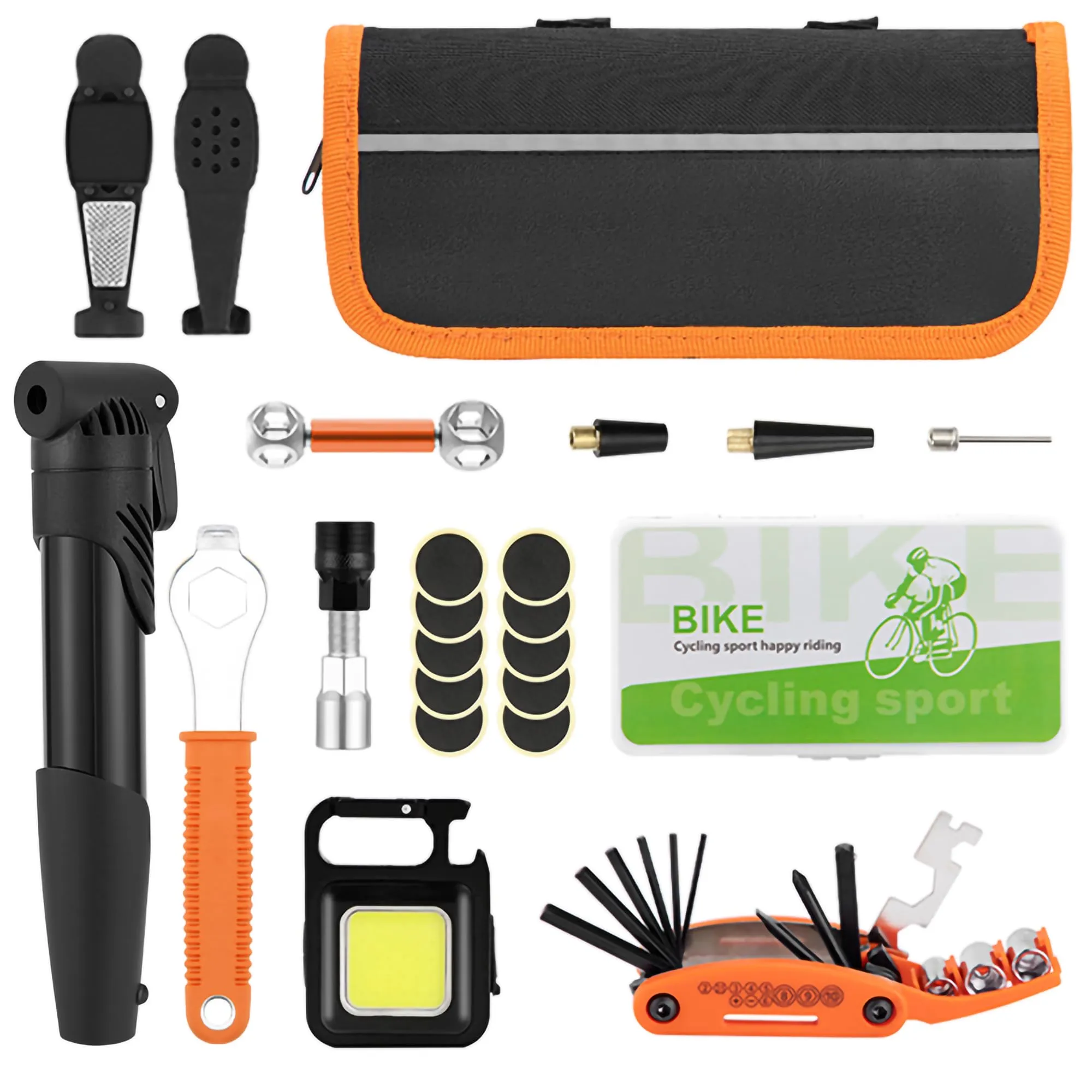 Bicycle Repair Bag with Tire Pump - Portable Tool Kit for Camping Travel, Black-Orange