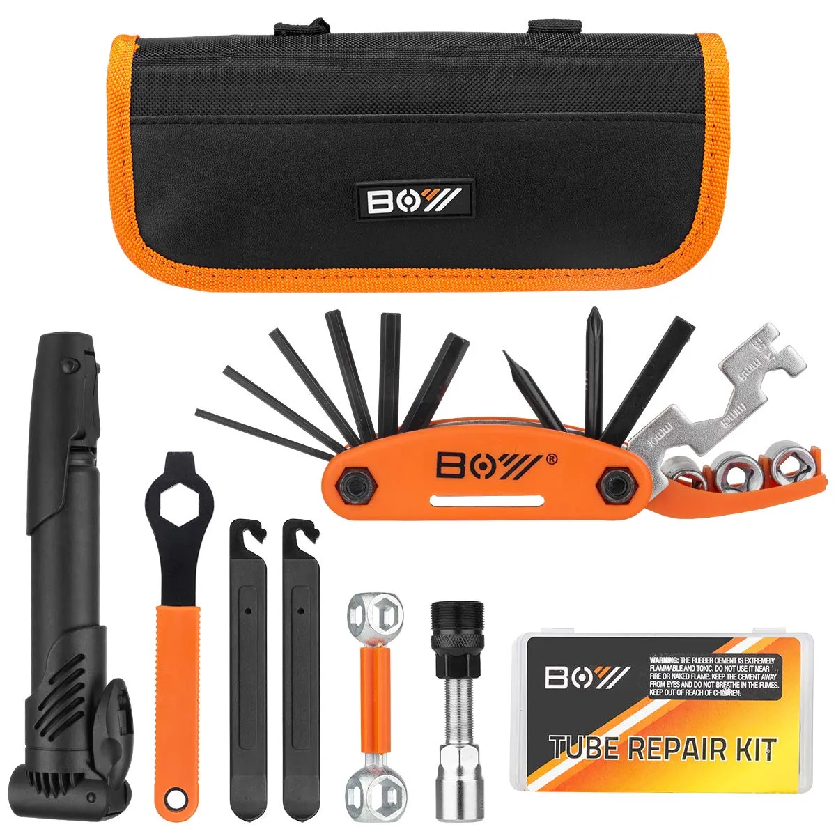 Bicycle Repair Kit with Tire Pump - Portable 12-in-1 Tool Bag for Camping Travel, Orange