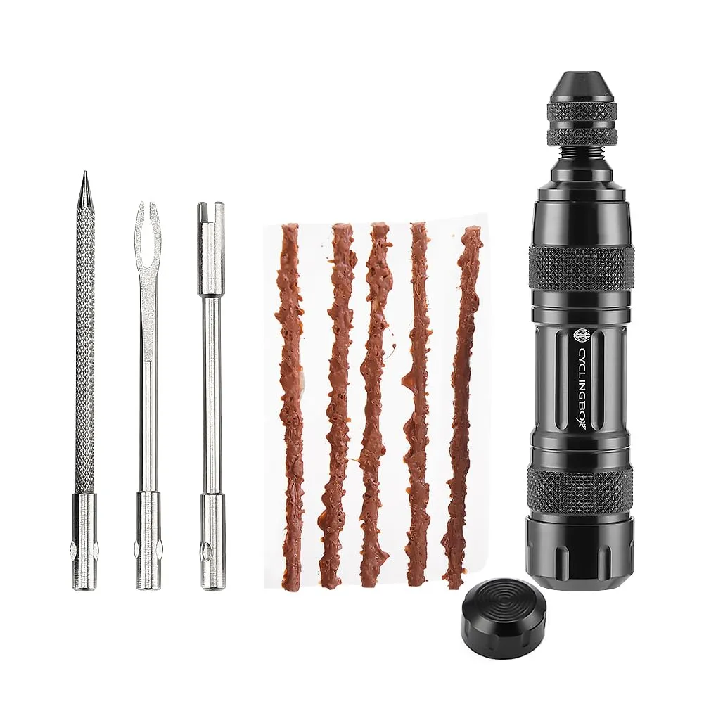 Bicycle Tubeless Tire Repair Kit - Portable Plug Tool with 5 Rubber Strips & 3 Drills