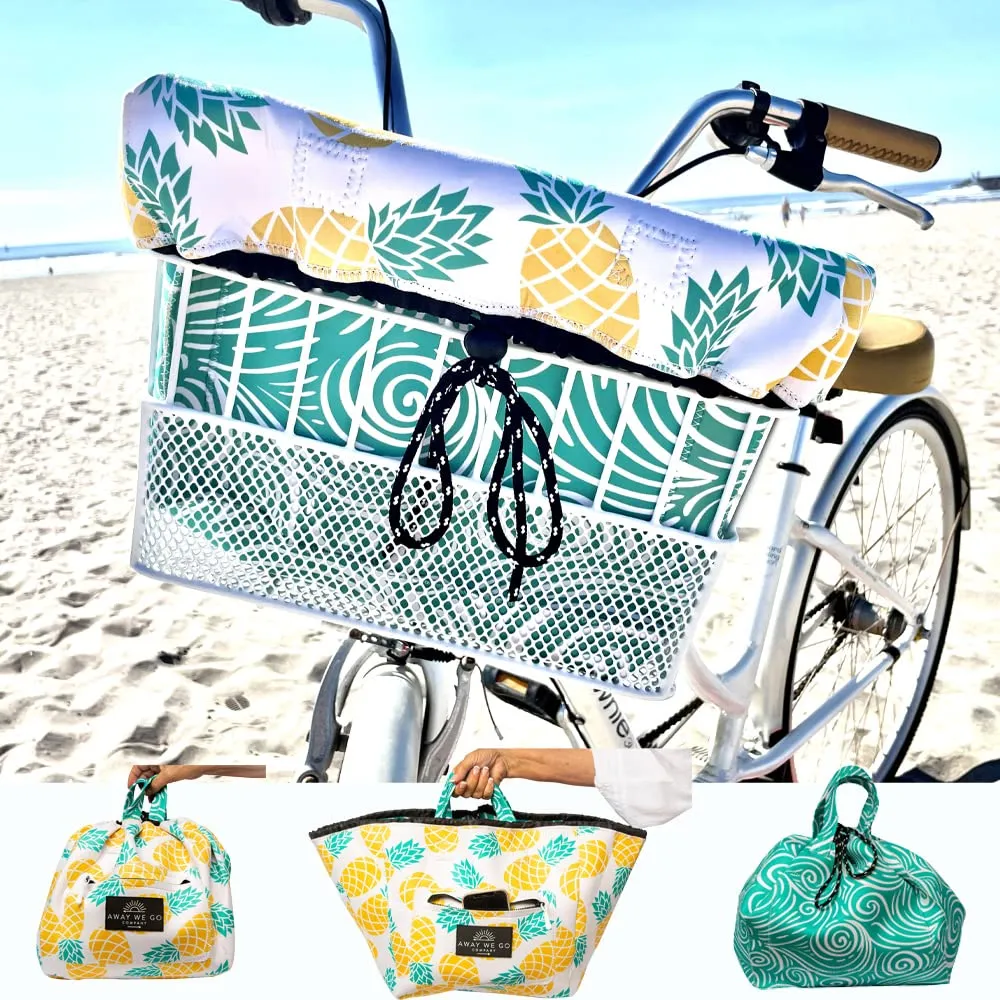 Bike Basket Liner Waterproof Neoprene Beach Bag & Travel Tote, Reversible Prints, 2 Pockets