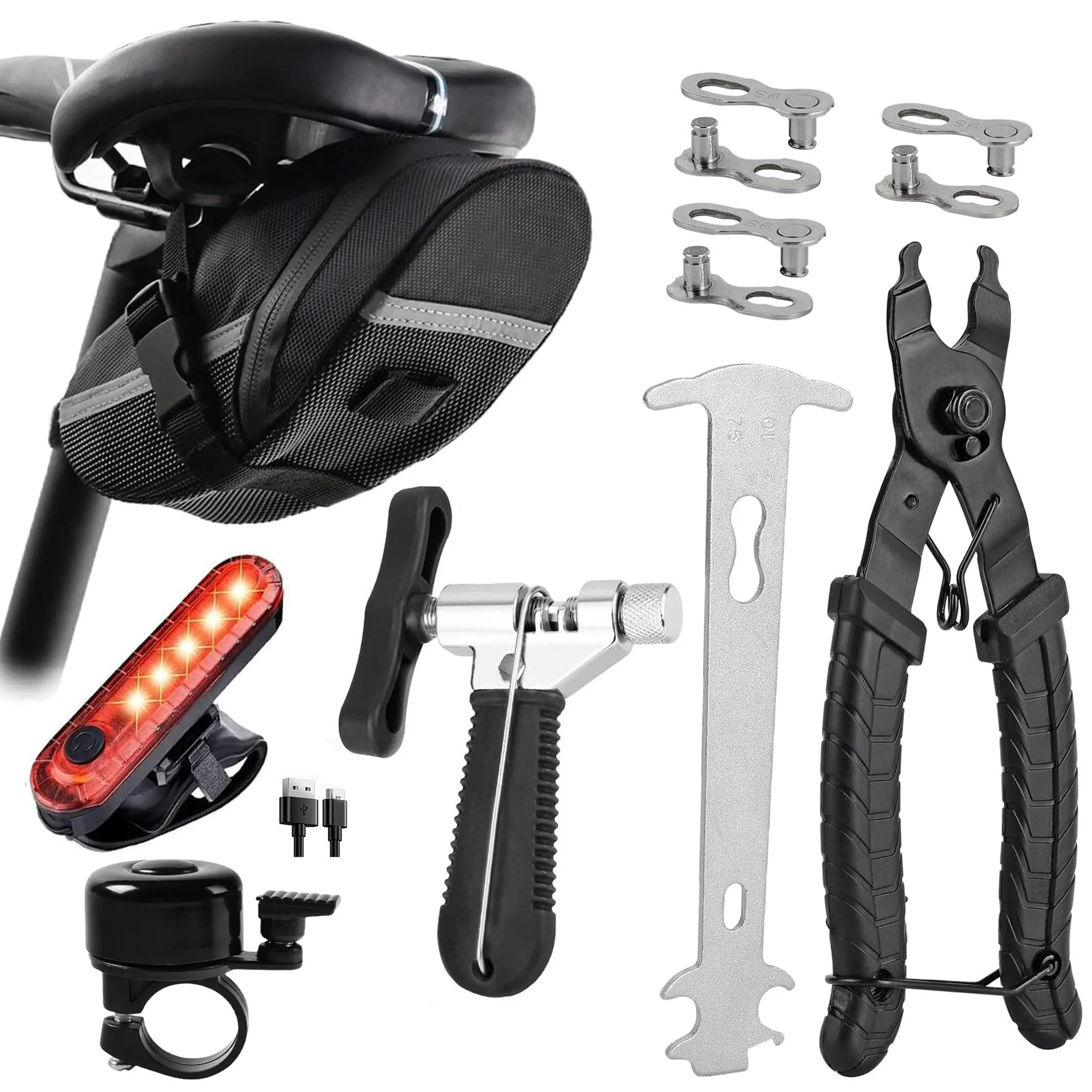 Bike Chain Repair Tool Kit with Link Plier, 3 Pairs Missing Links, Chain Checker & Rechargeable Light