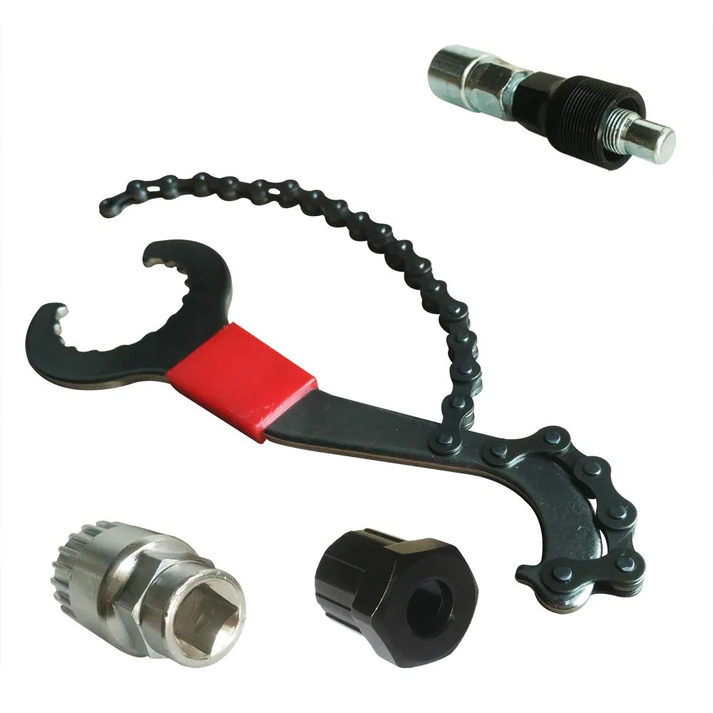 Bike Chain Whip 3 in 1 Tool Kit - Sprocket Remover, Lockring & Crank Remover, Silver/Red/Black