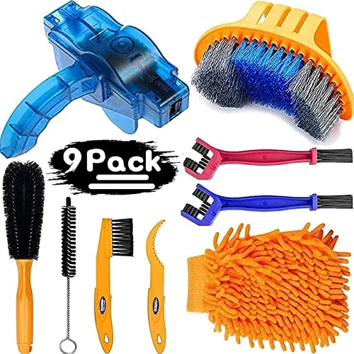 Bike Cleaning Kit (9pcs) - Chain Cleaner & Brush Tools for Mountain/Road/BMX Bikes