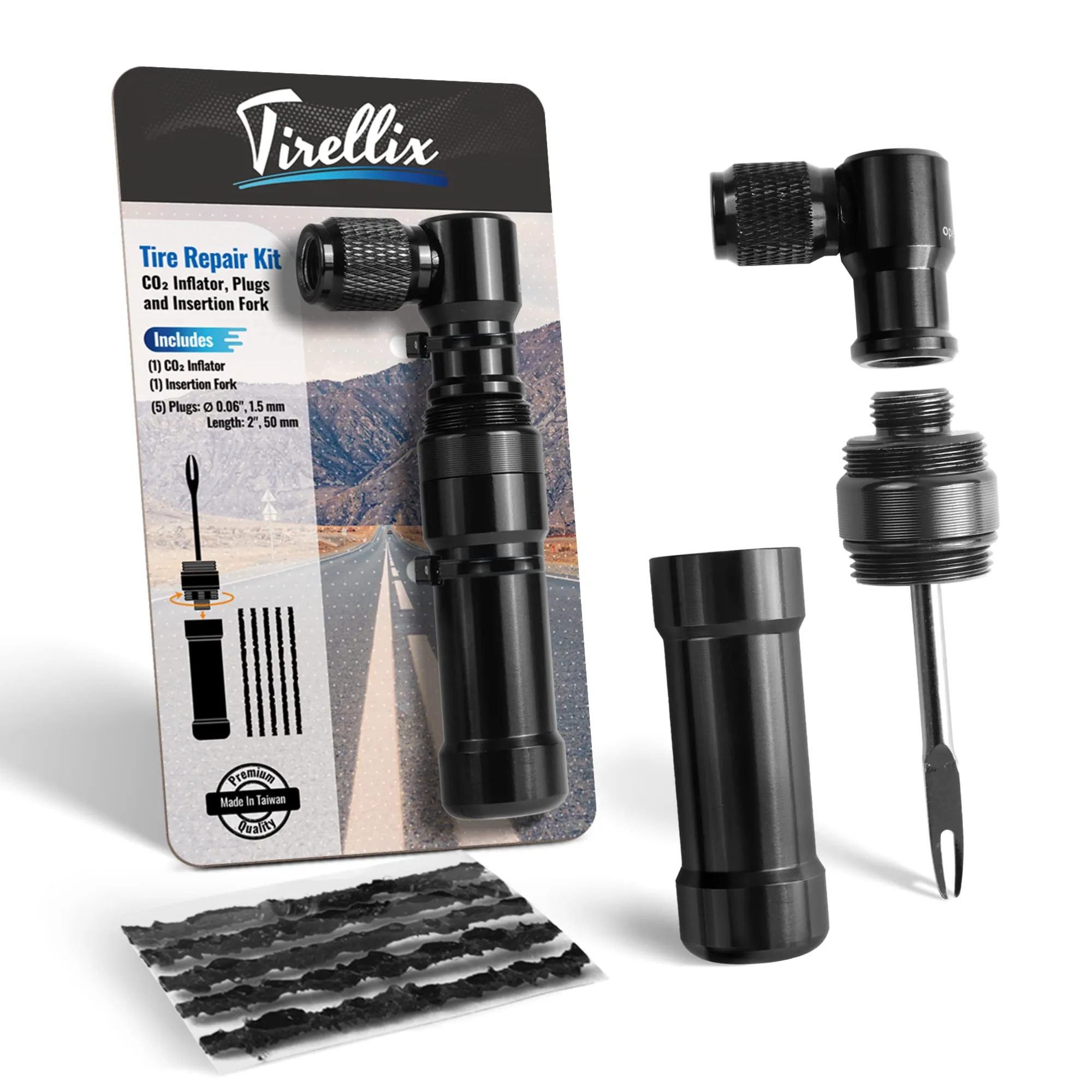 Bike CO2 Inflator Kit - Tubeless Tire Repair with Plugs & CO2 Inflator for Presta/Schrader Valves