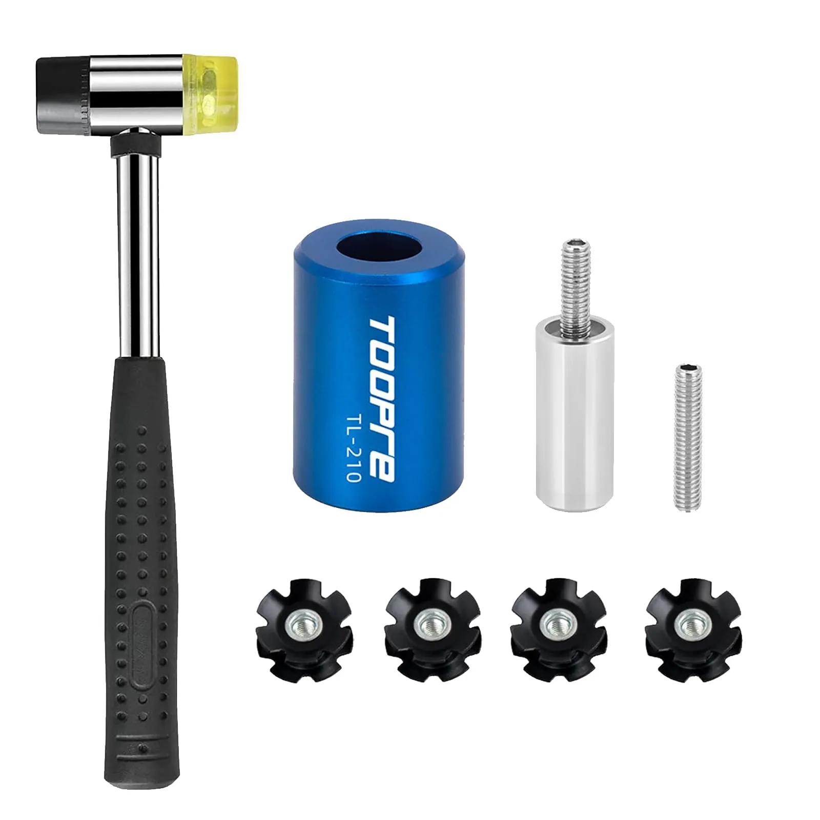 Bike Fork Star Nut Installer Tool Set with Rubber Hammer & 3 Free Star Nuts for 7/8-1-1/8 Inch