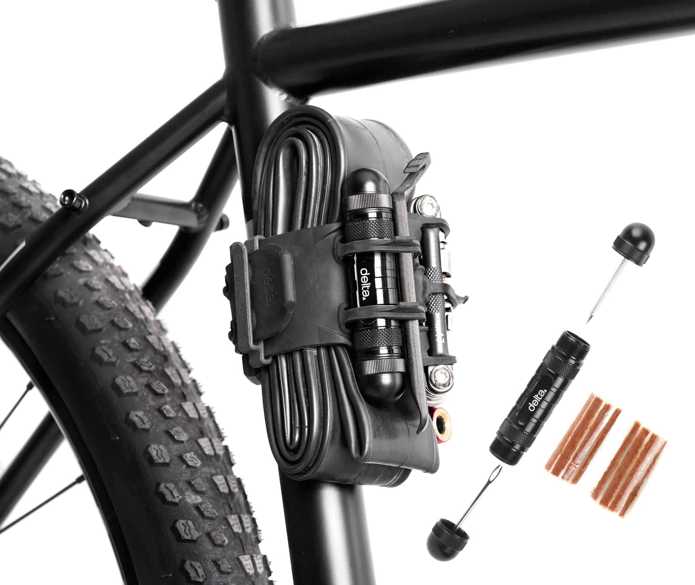 Bike Frame Carrier Strap with Tire Plugger Kit by Delta Cycle - Compact Storage for Mountain Biking