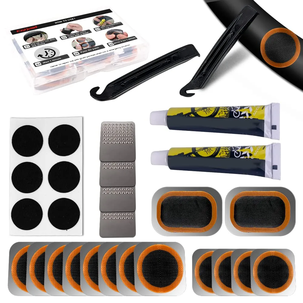 Bike Inner Tire Patch Repair Kit - 15 PCS Vulcanizing & 6 PCS Pre-Glued Patches, Portable Box