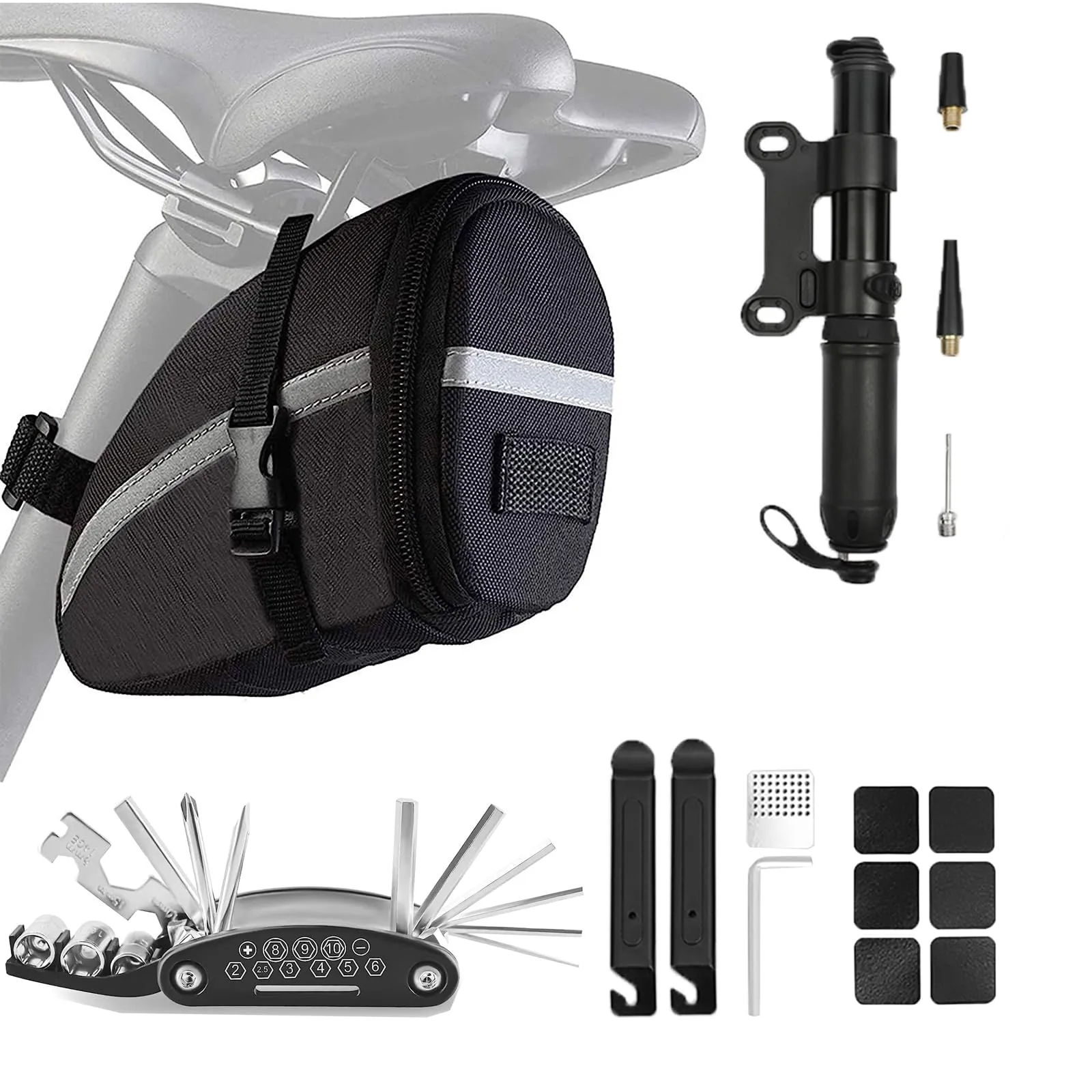 Bike Repair Kit - 16-in-1 Multi-Function Tool, Mini Pump & Tire Patch Kit for Mountain & Road Bikes