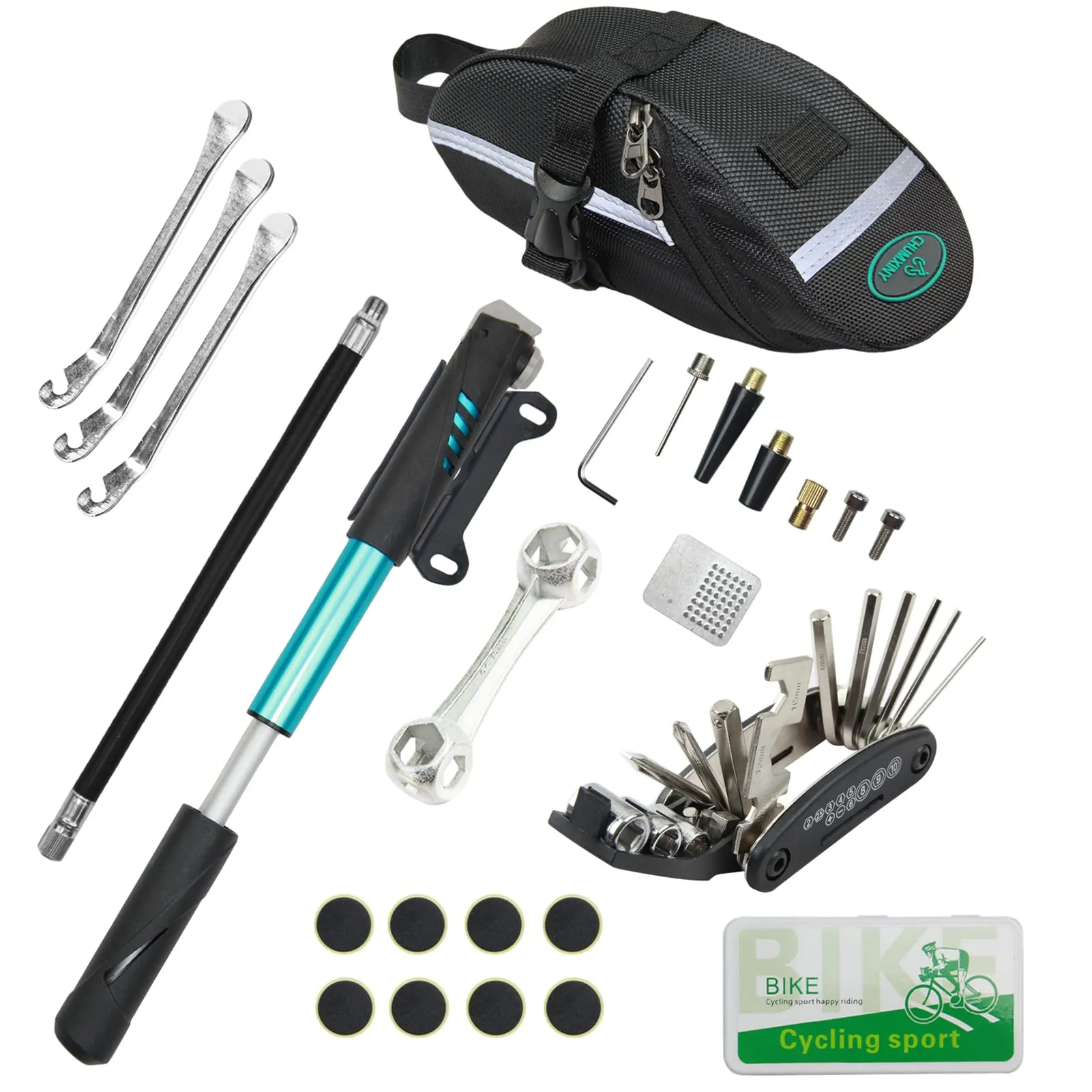 Bike Repair Kit 16-in-1 Tool with Mini Pump and Tire Patch for Mountain and Road Bikes