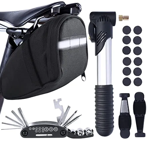 Bike Repair Kit with Mini Pump & Saddle Bag, Multitool Bicycle Accessories Set for Road & MTB