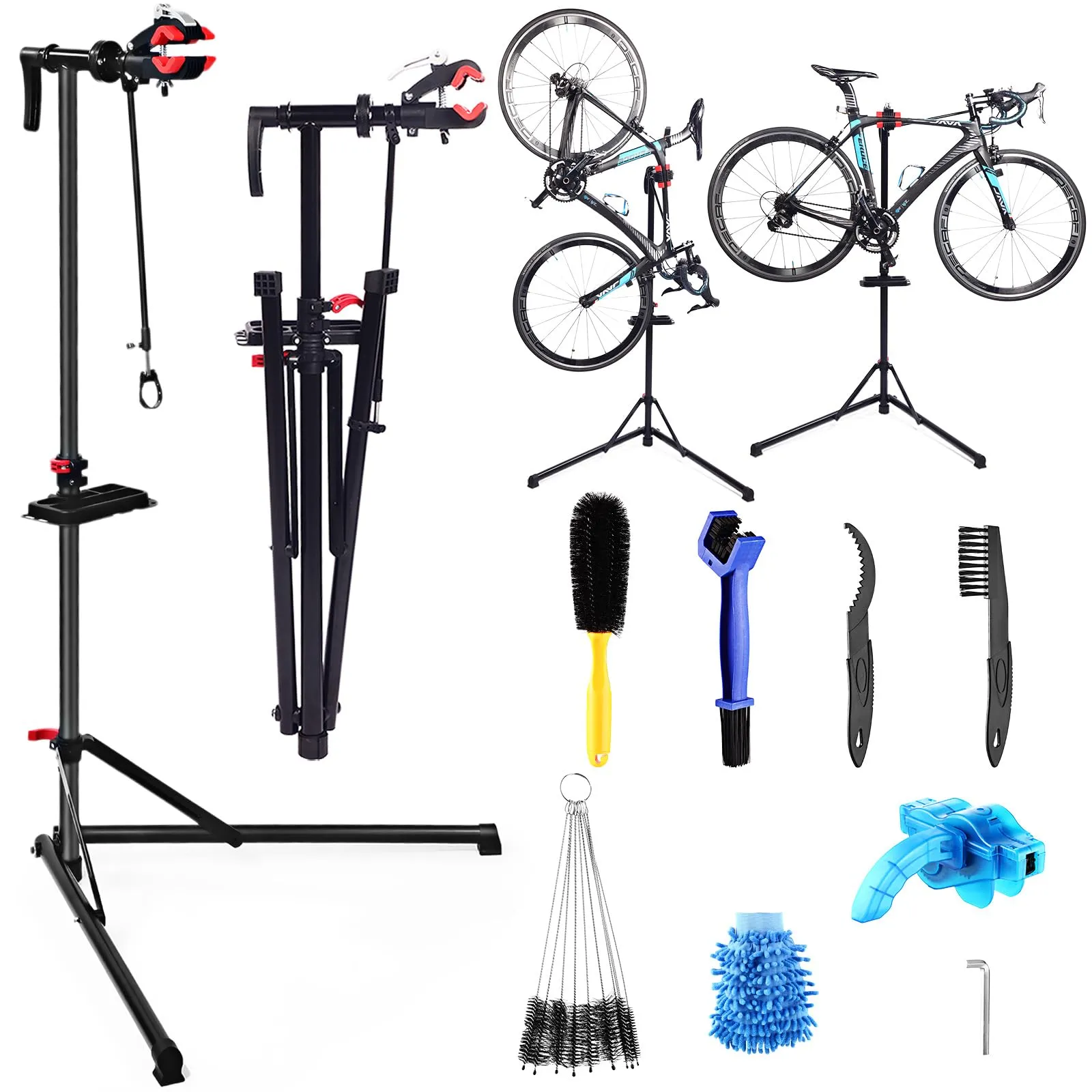 Bike Repair Stand with 16-Piece Cleaning Kit, Adjustable Height 46-62 inches, Durable Iron for All Bikes