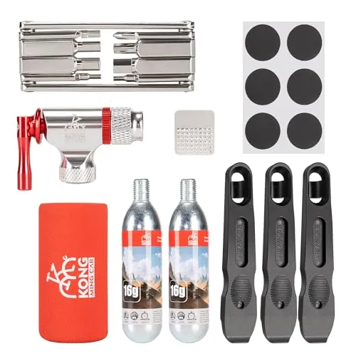 Bike Repair Tool Kit - CO2 Inflator with 2 Cartridges, 8-in-1 Multi Tool, Tire Patches & Levers