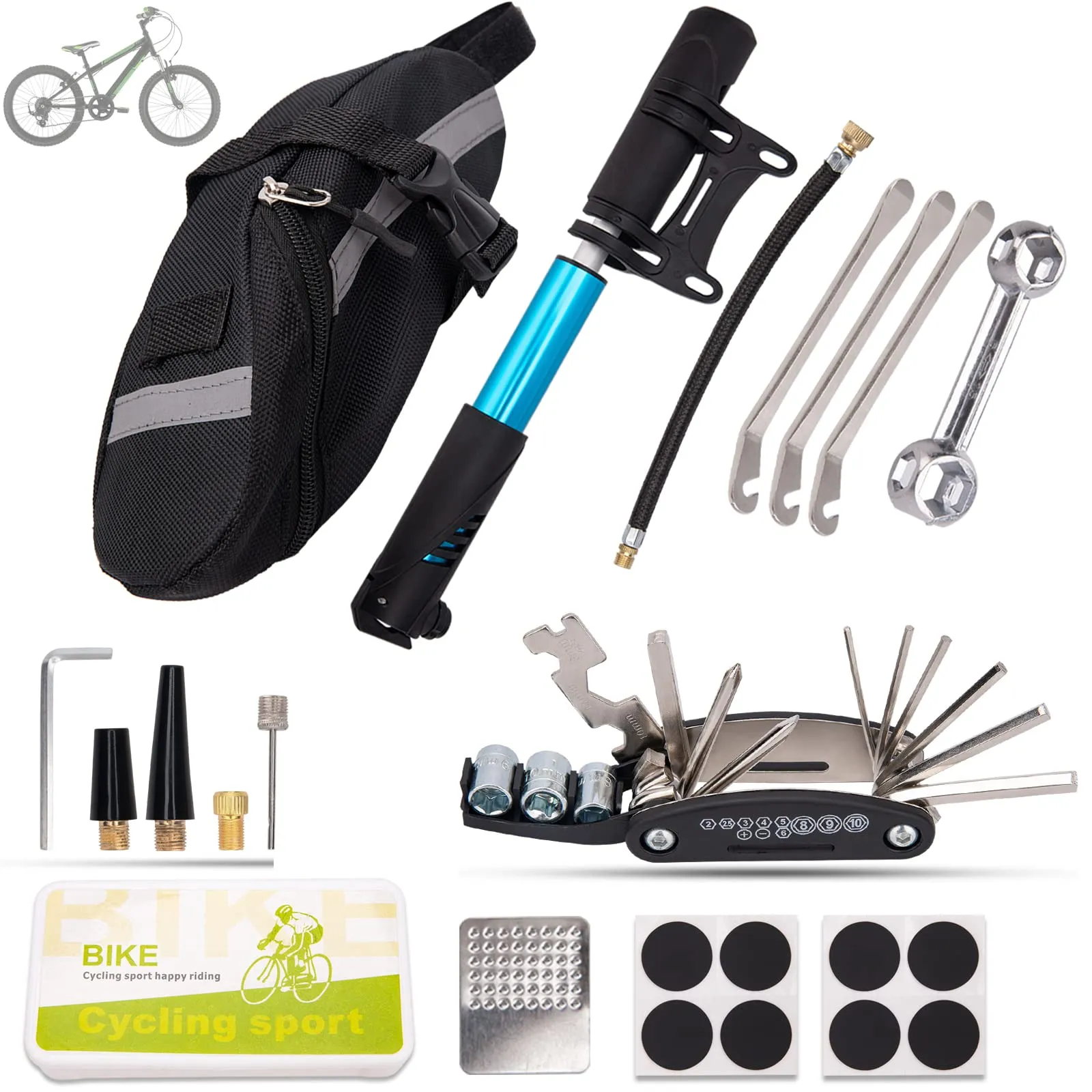 Bike Repair Tool Kit with 16-in-1 Tools, Portable Patch Kit & Mini Pump for Mountain/Road Bikes