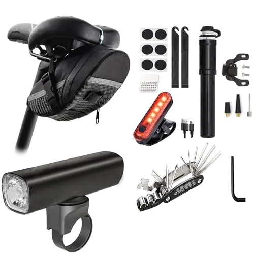 Bike Repair Tool Kit with Mini Pump, Headlight & Saddle Bag - 16-in-1 Multitool, USB Tail Light