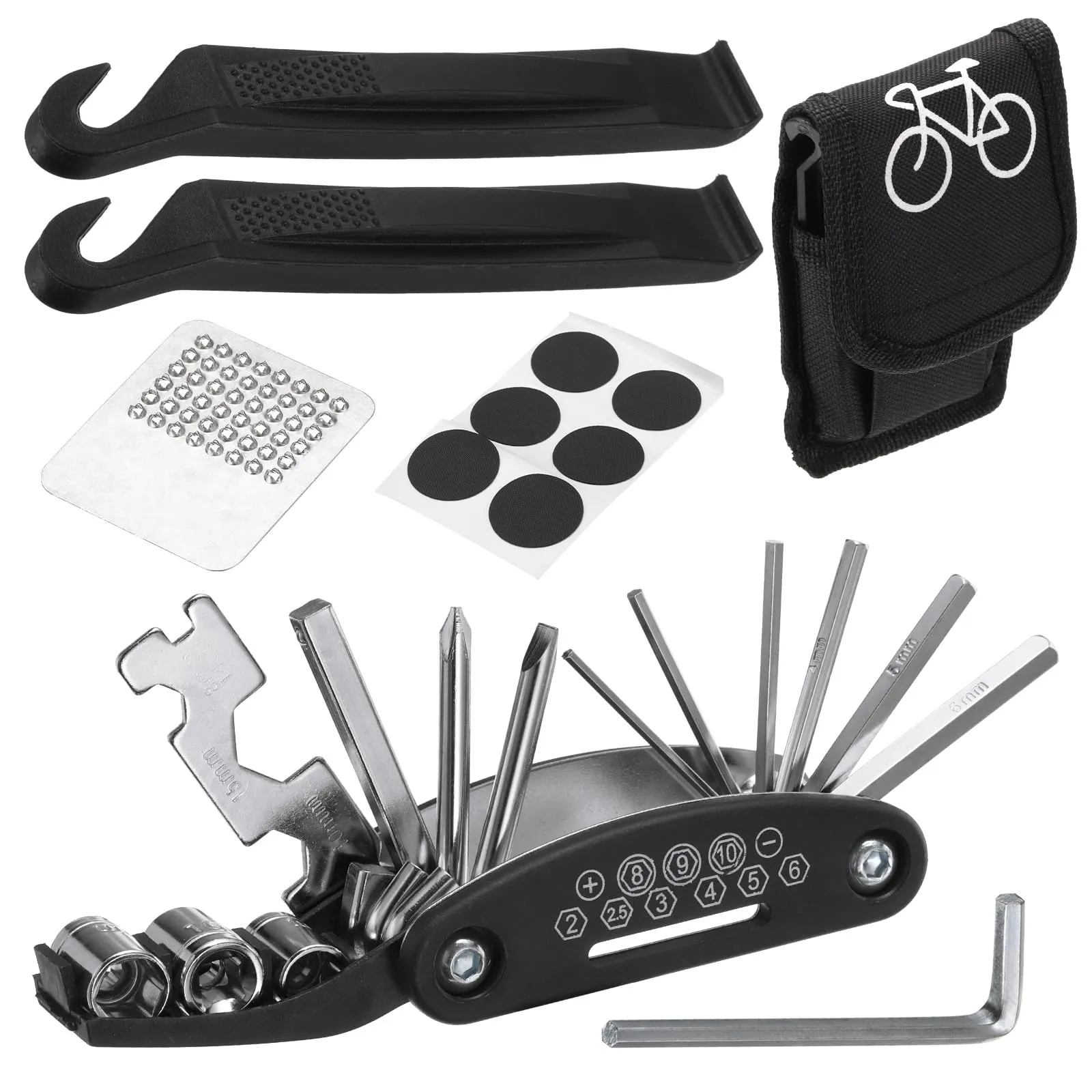 Bike Repair Tool Kits 16 in 1 - Multitool, Tire Levers, Hex Wrench, Patches & Storage Bag