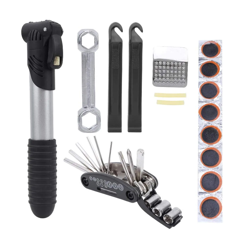 Bike Repair Tool Kits with 16 in 1 Multitool, Mini Pump, Tire Levers, and Patch Kit for Cyclists