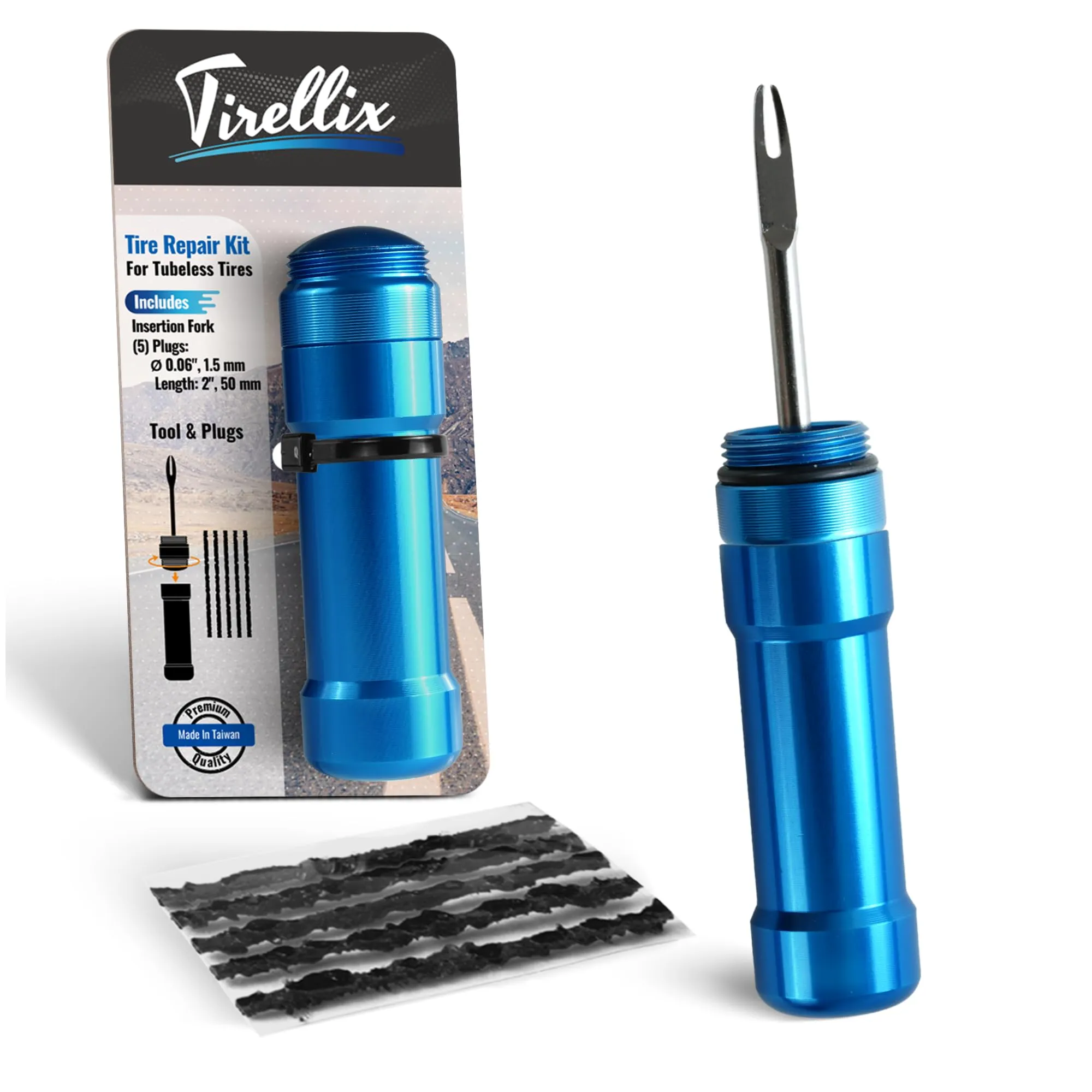 Bike Tire Plug Kit for Tubeless Tires – Portable Repair Tool with 5 Rubber Plugs, Blue