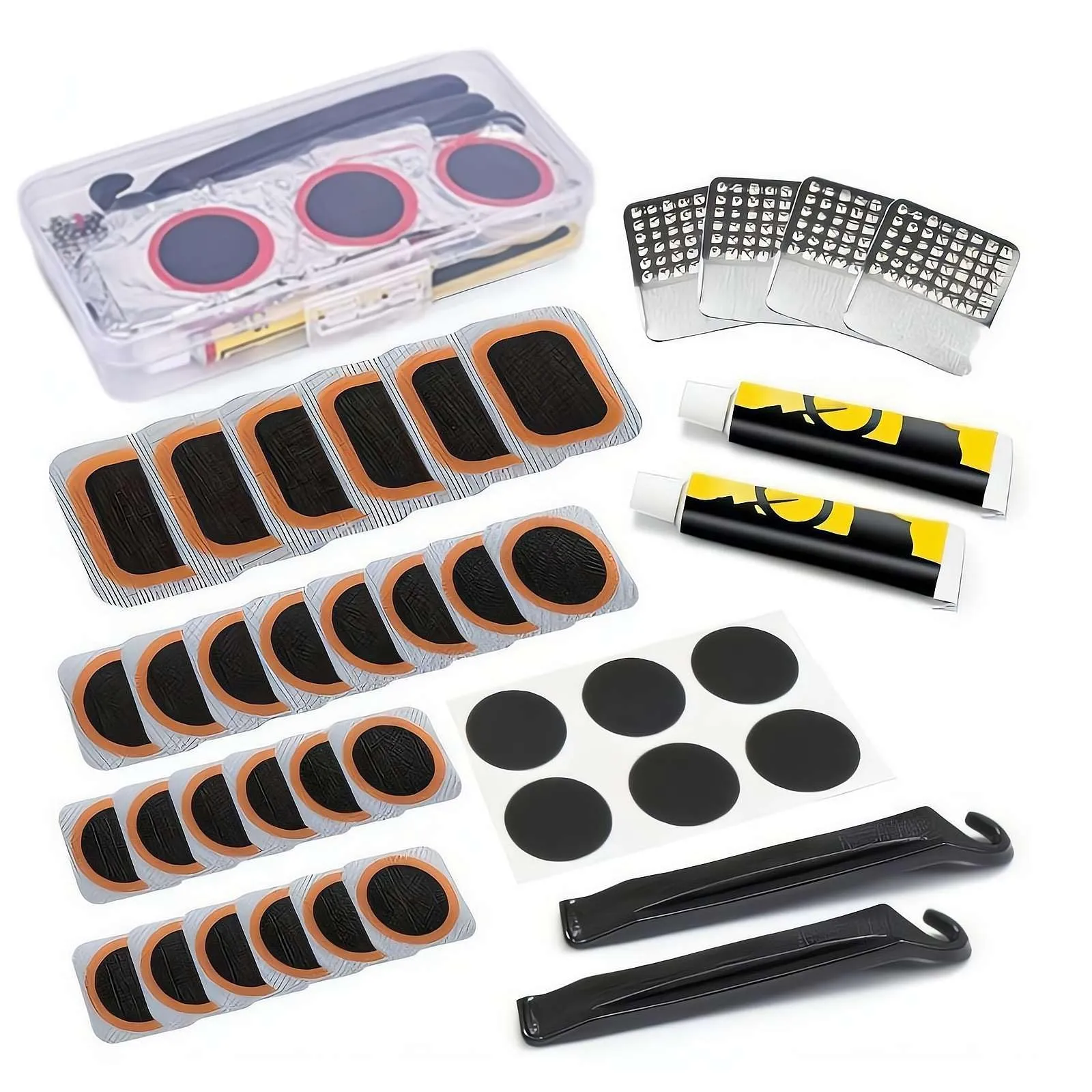 Bike Tire Repair Kit with 32 Patches, 2 Adhesives, and Tire Levers for Mountain & Road Bikes