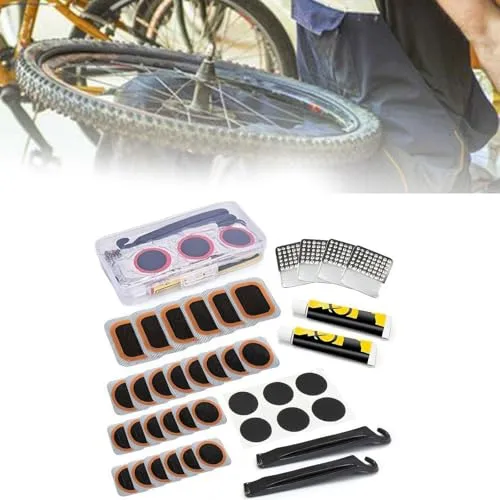 Bike Tire Repair Kit with 32 Patches, Levers, Sandpapers & Adhesive for BMX & Road Bikes (Black)