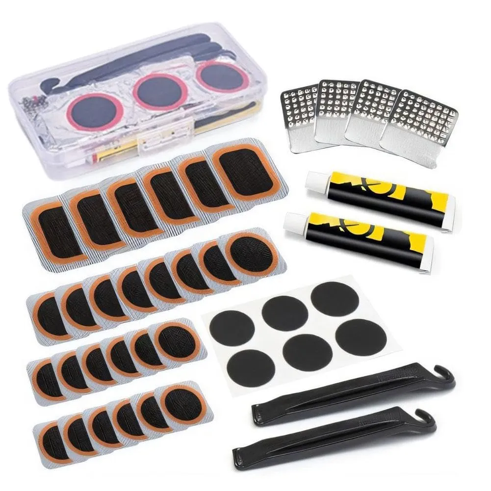 Bike Tire Repair Kit with 32 Puncture Patches, Adhesives, and Tools for Road & Mountain Bikes