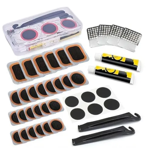 Bike Tire Repair Kit with 32PCS Puncture Patches, Metal Rasp & Tools for All Bicycle Types