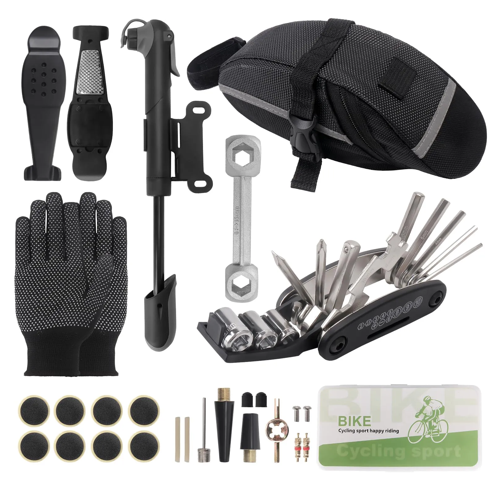Bike Tire Repair Kit with Multi-Function Tools, Mini Pump, and Gloves for Mountain/Road Biking