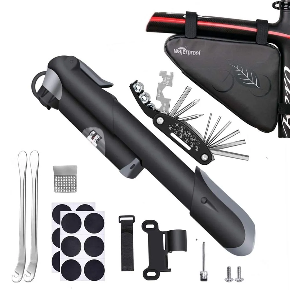 Bike Tire Repair Tool Kit with 16-in-1 Multifunctional Levers, Mini Pump & Waterproof Bag - Black Small