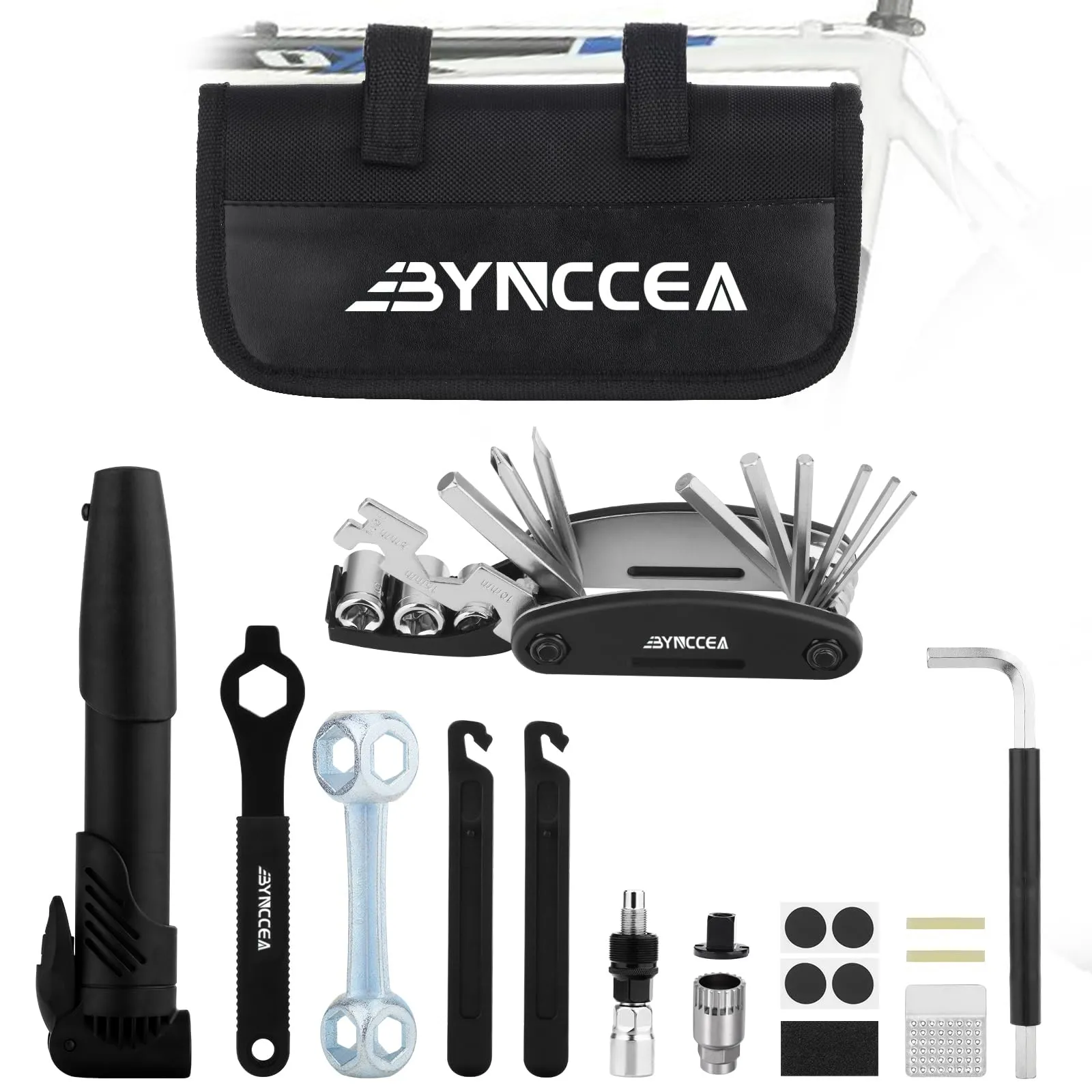 Bike Tire Repair Tool Kit with Pump, Portable Bicycle Repair Bag, Multi-Function Tools