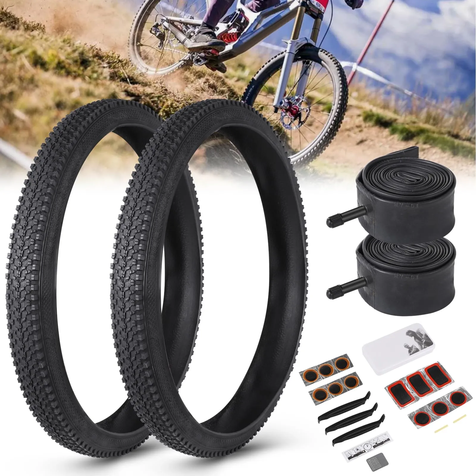 Bike Tires Replacement Kit - 24/26x1.95 Inch Folding MTB Tires with Tubes & Repair Tools (2 Pack)