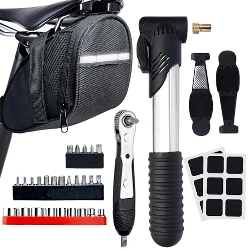 Bike Tool Kit with 26 Bits, Mini Ratchet Wrench, Pump, Saddle Bag & Tire Levers for Cyclists