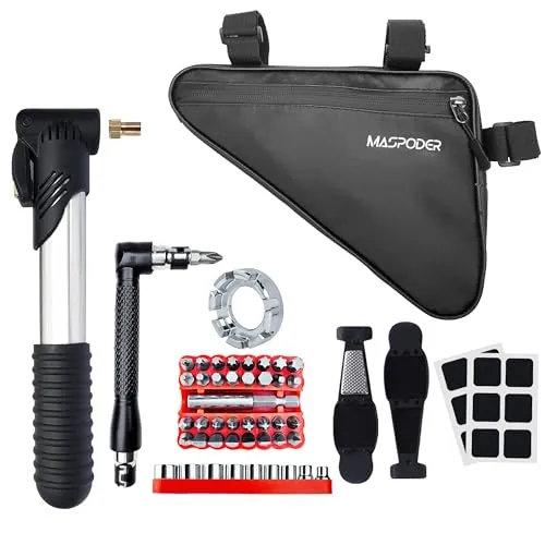 Bike Tool Kit with 44-in-1 Multitool, Mini Pump, Spoke Wrench & Frame Bag for Road/Mountain Bikes