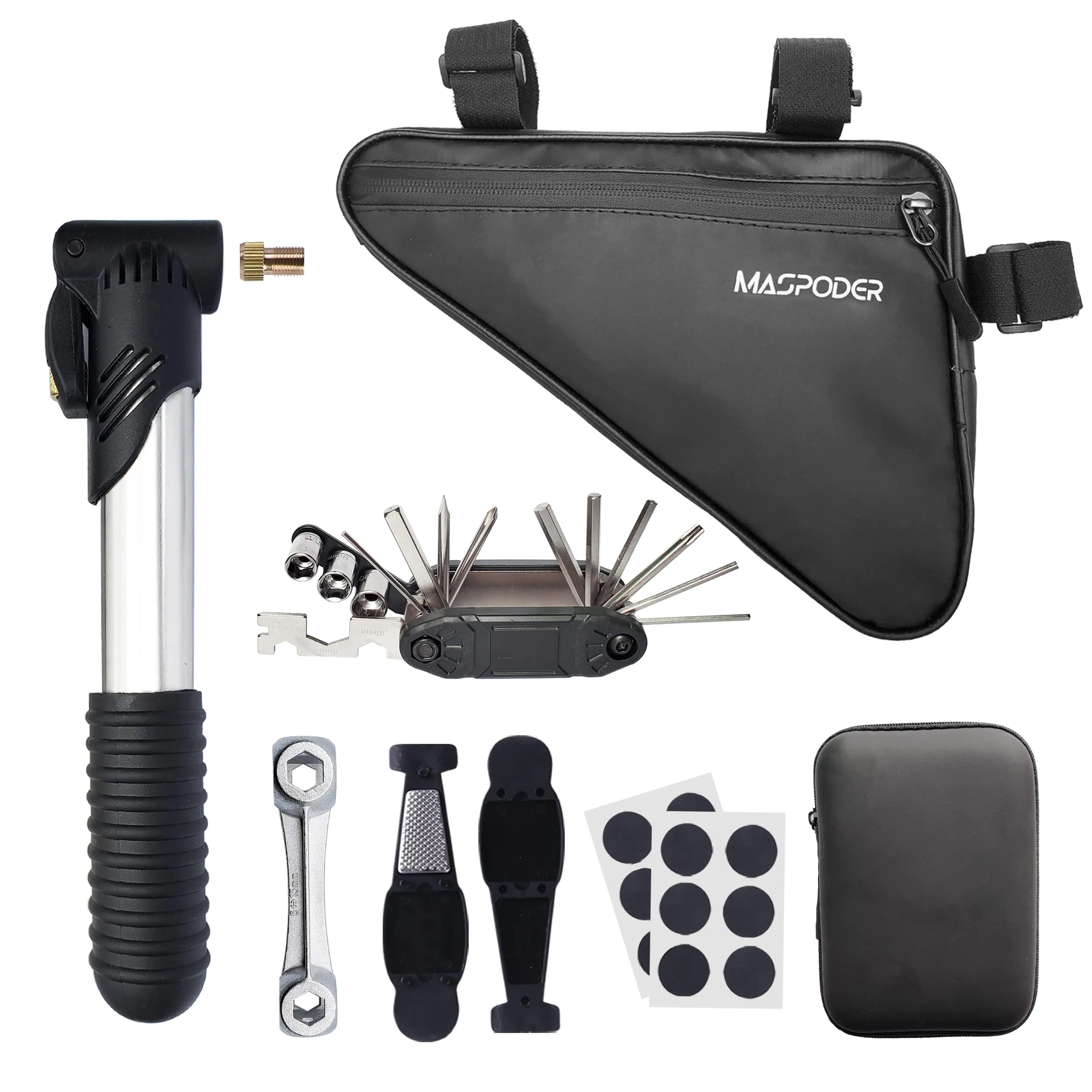 Bike Tool Kit with Frame Bag, Mini Pump, 17-in-1 Multitool, Tire Levers & Patches for Biking