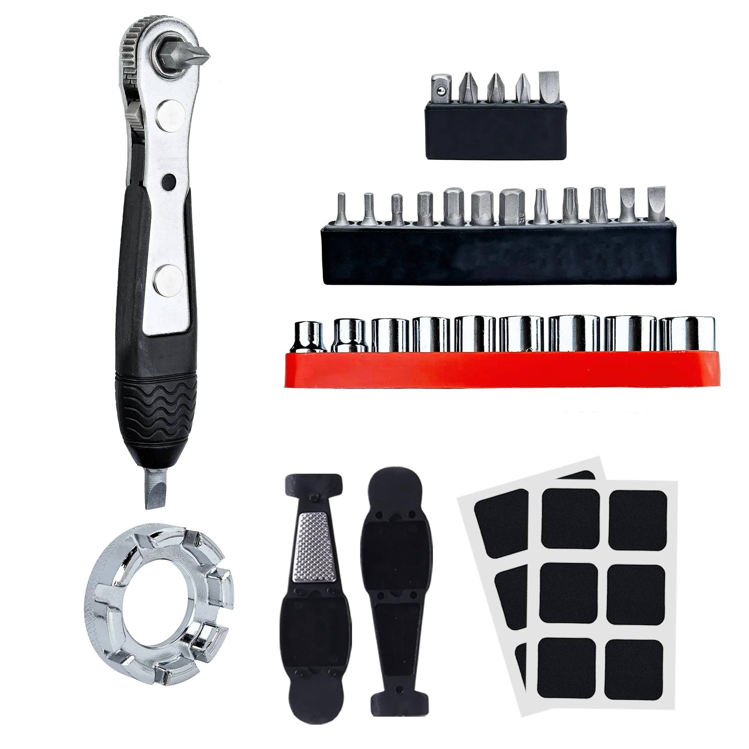 Bike Tool Kit with Mini Ratchet Wrench, 26 Bits, Tire Lever, Patches for Road & Mountain Biking
