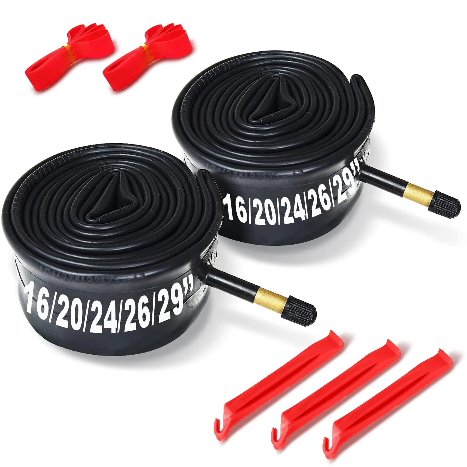Bike Tube 16''/20''/24''/26''/29'', Fits Tires 1.50-2.35, Schrader Valve, Includes Rim Strips & Levers