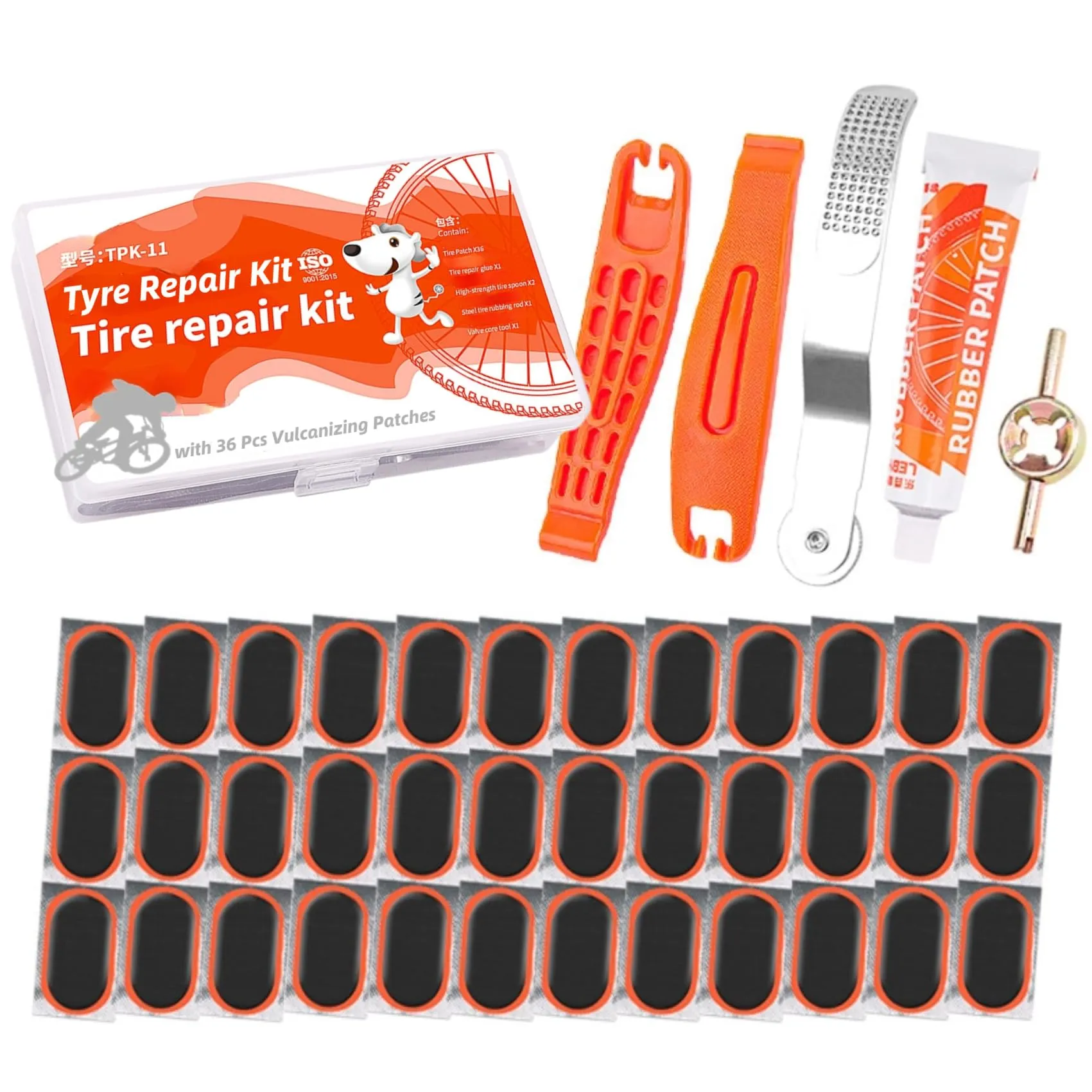 Bike Tube Patch Kit with 36 Patches, Repair Tools, Portable Case for Bicycle, Motorcycle, Car