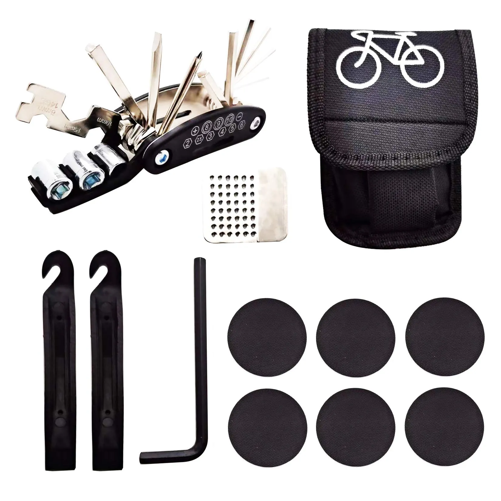 Bike Tyre Repair Set Bag 16-in-1 Multi-Function Tool Kit for Road & Mountain Bikes