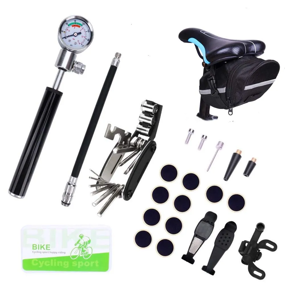 Bike Tyre Repair Tool Kit with Mini Pump, 16-in-1 Multi-Function Set, Portable Bicycle Accessories