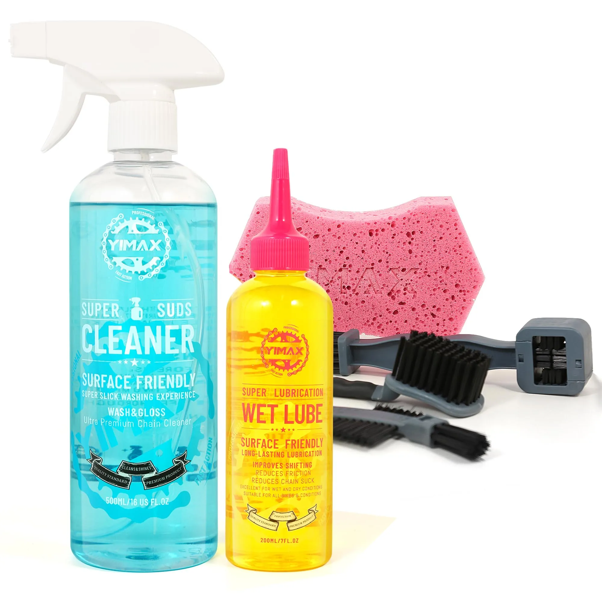 Biodegradable Bike Cleaning Kit - 500ML Cleaner, 200ML Chain Lube, Brushes & Sponge for All Bikes