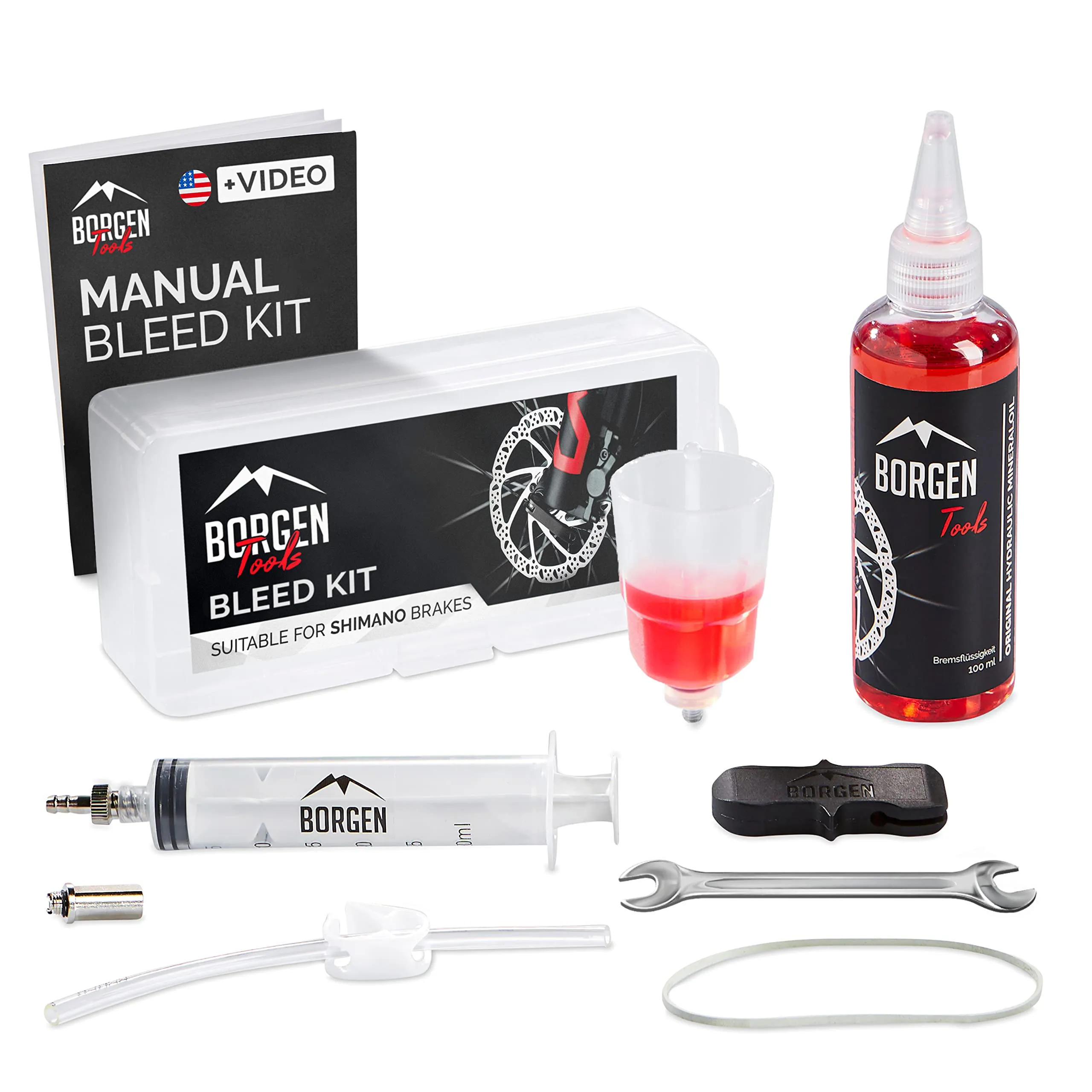 Borgen Bike Brake Bleed Kit for Shimano Disc Brakes with 100ml Mineral Oil - Made in Germany