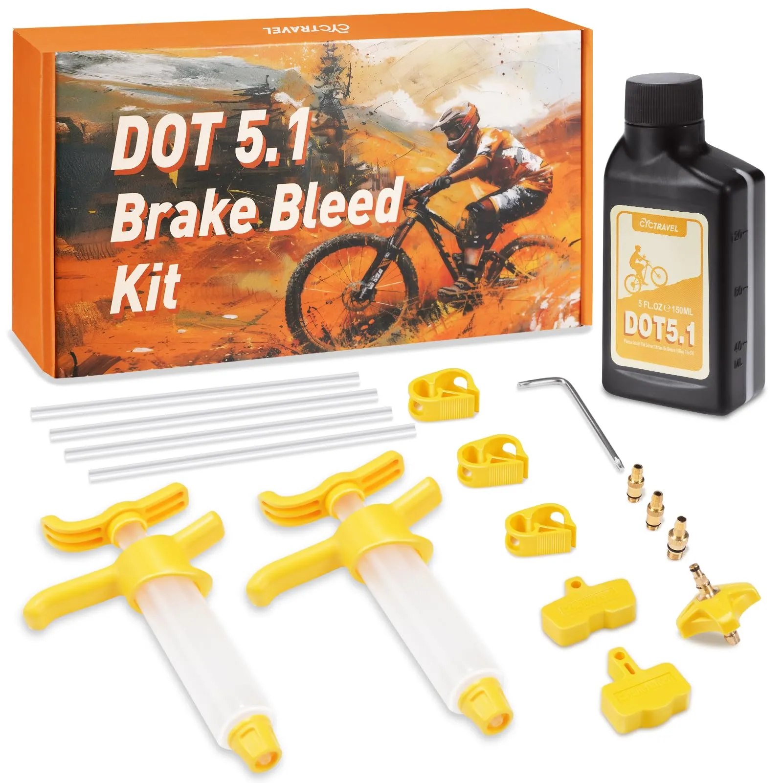 Brake Bleed Kit for Sram & Avid Hydraulic Disc Brakes, 150ML DOT 5.1 Brake Fluid, Metal Adapters