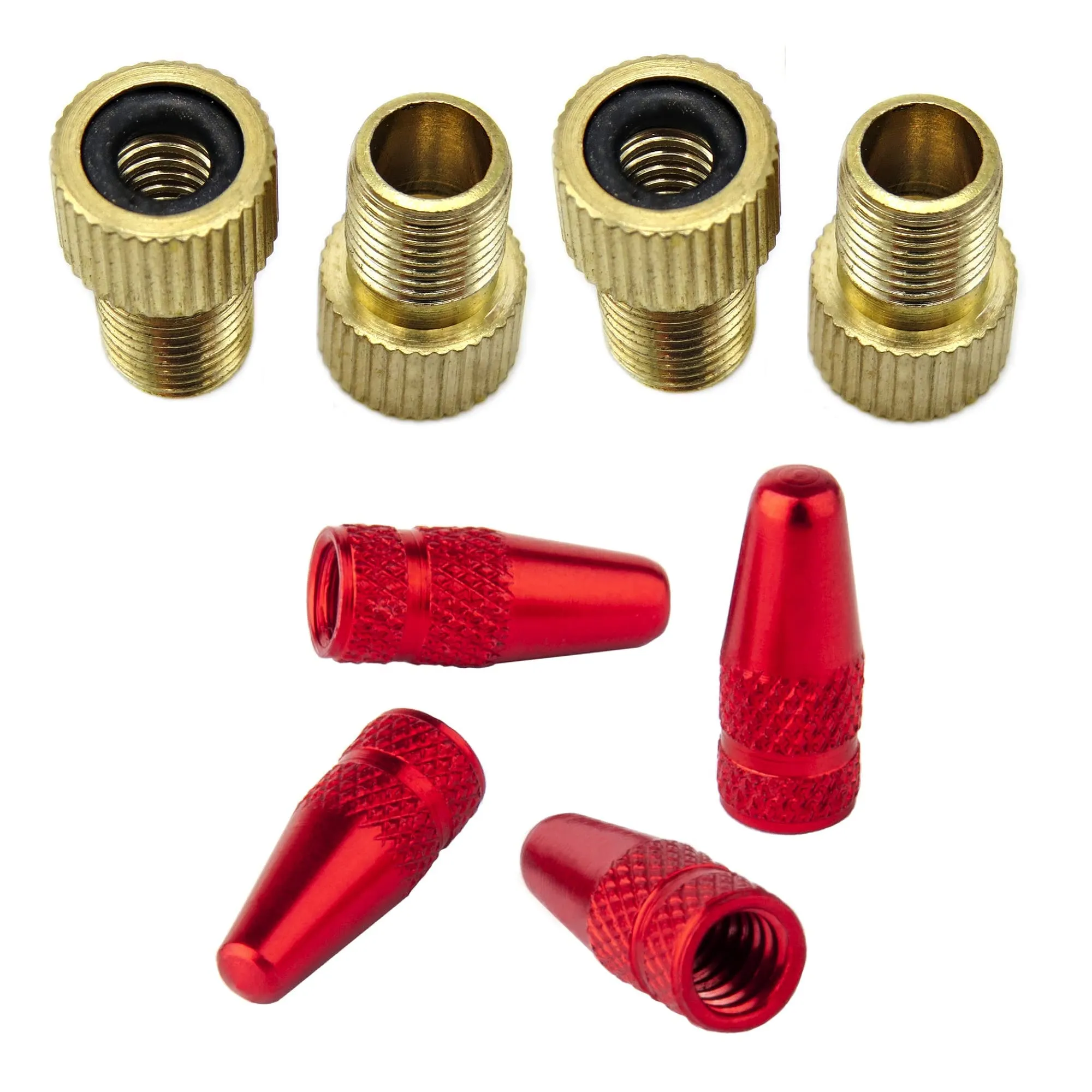 Brass Presta Valve Adapter Kit with Red Caps - 8 Pack Converts Presta to Schrader for Easy Inflation