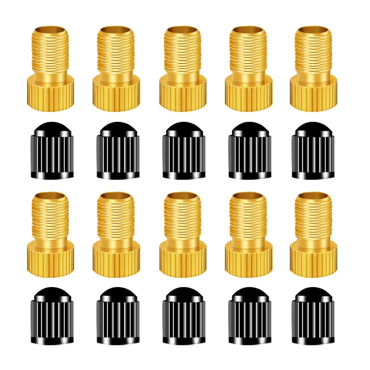 Brass Presta Valve Adapters (Pack of 20) - Durable Brass with 10 Caps for Bikes, Motorcycles, and Cars