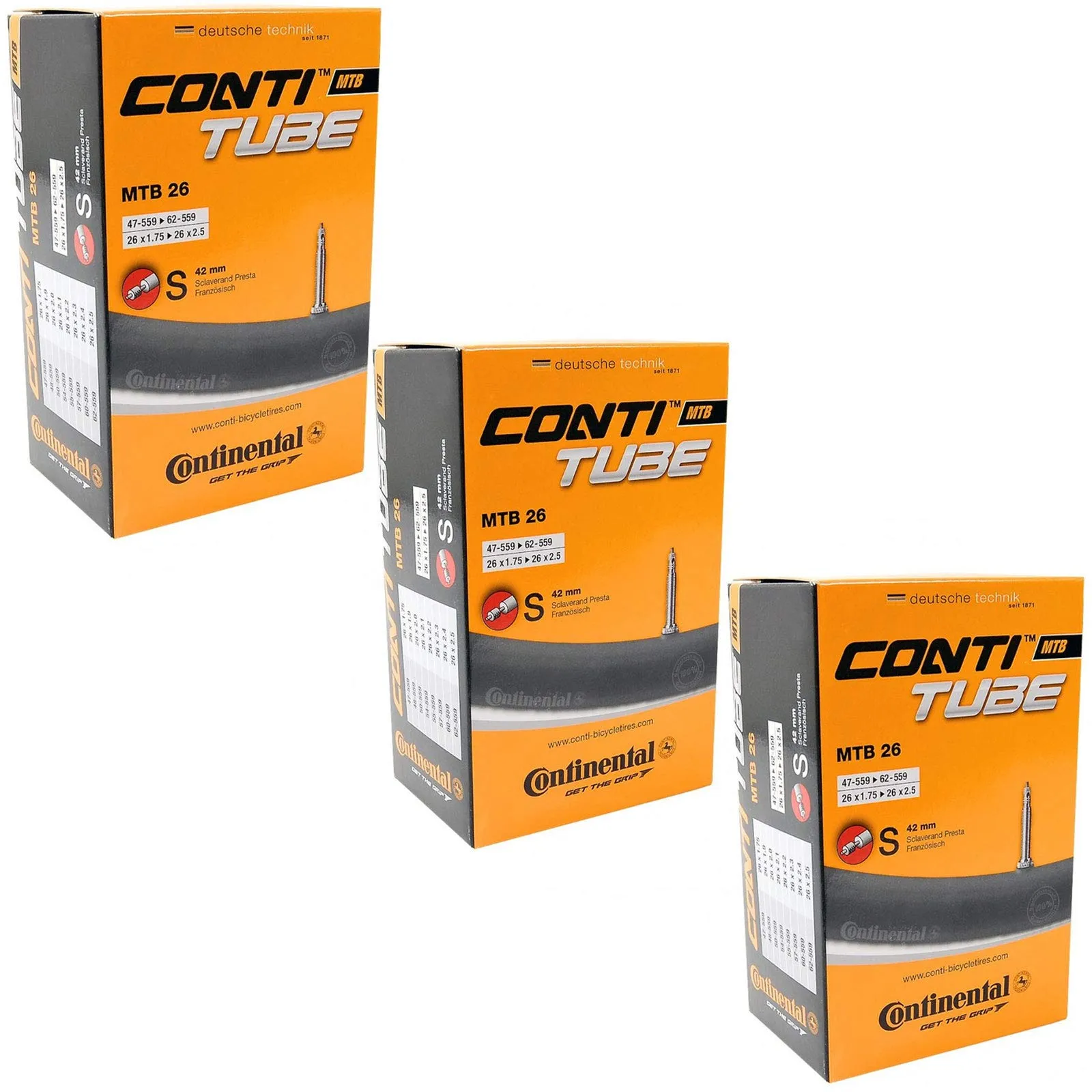 Continental 26' x 1.75-2.5 Mountain Bike Inner Tubes Set of 3 with 42mm Presta Valve