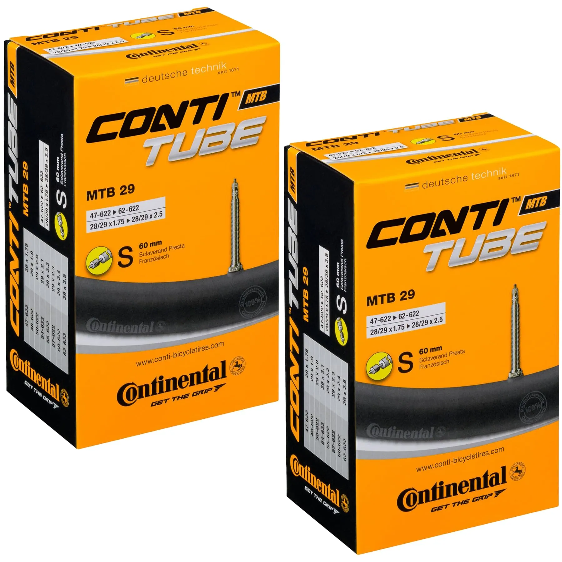 Continental 29' x 1.75-2.5' Inner Tubes PAIR with 60mm Presta Valve for Mountain & Cross Bikes
