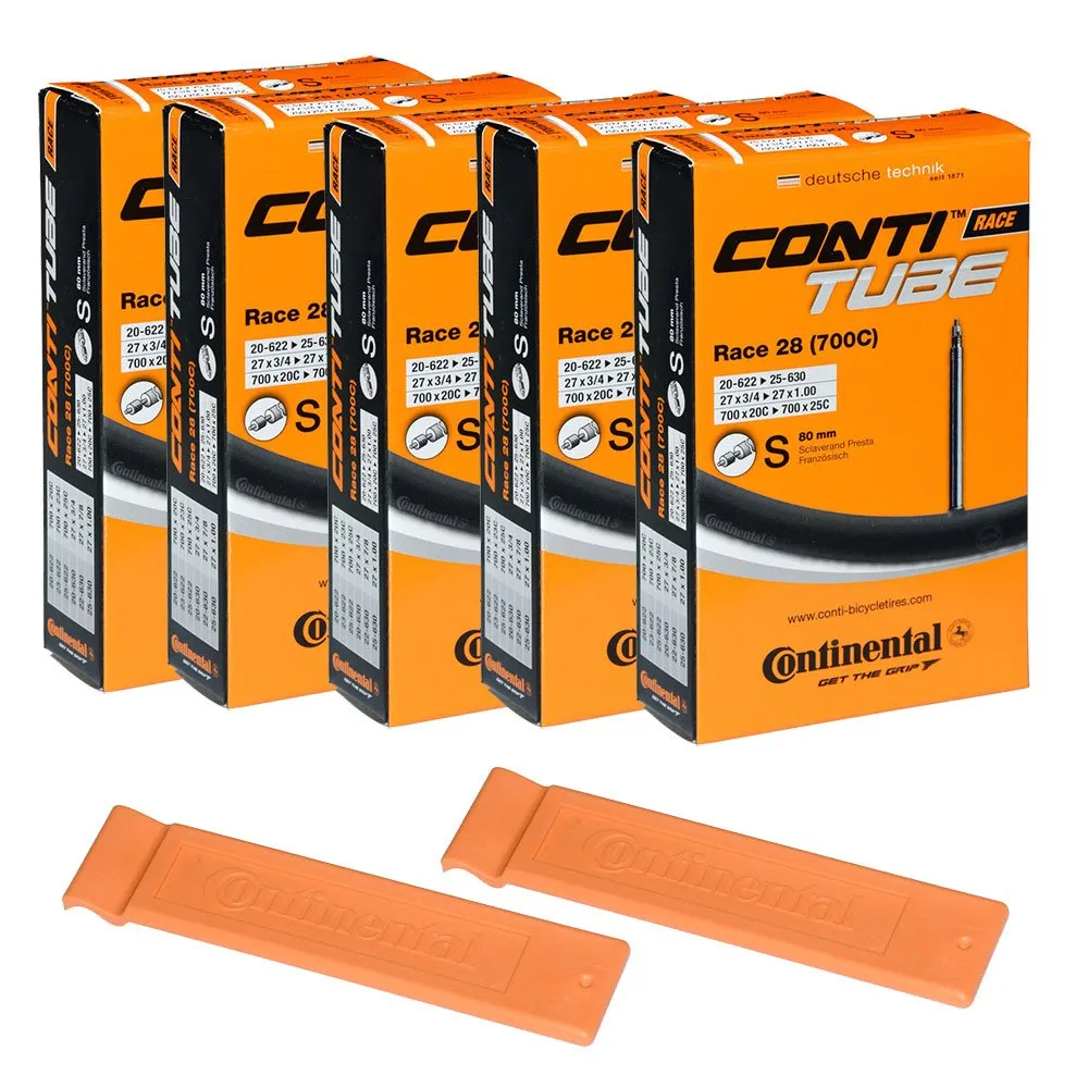 Continental Bicycle Tubes Pack of 5 Race 28 700x20-25 S80 Presta Valve 80mm with Tire Levers