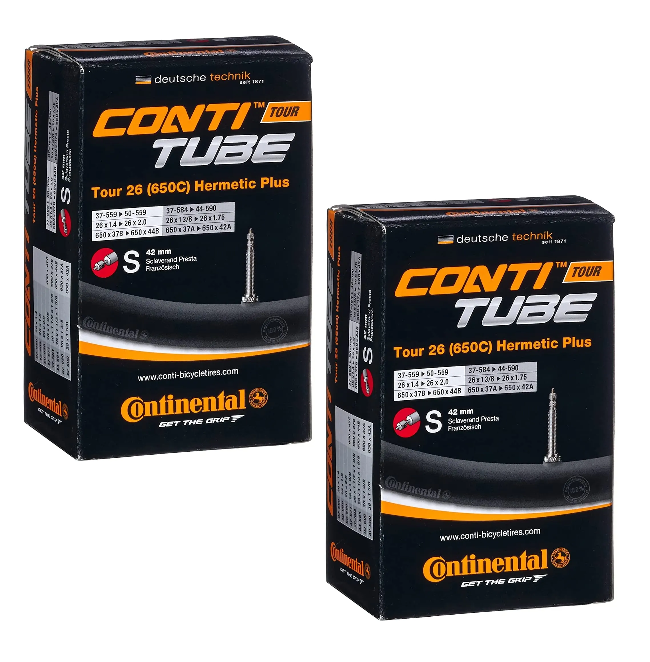 Continental Hermetic Plus 26' Bike Tubes - 650x37-44, 42mm Presta Valve, Pack of 2, Puncture Resistant