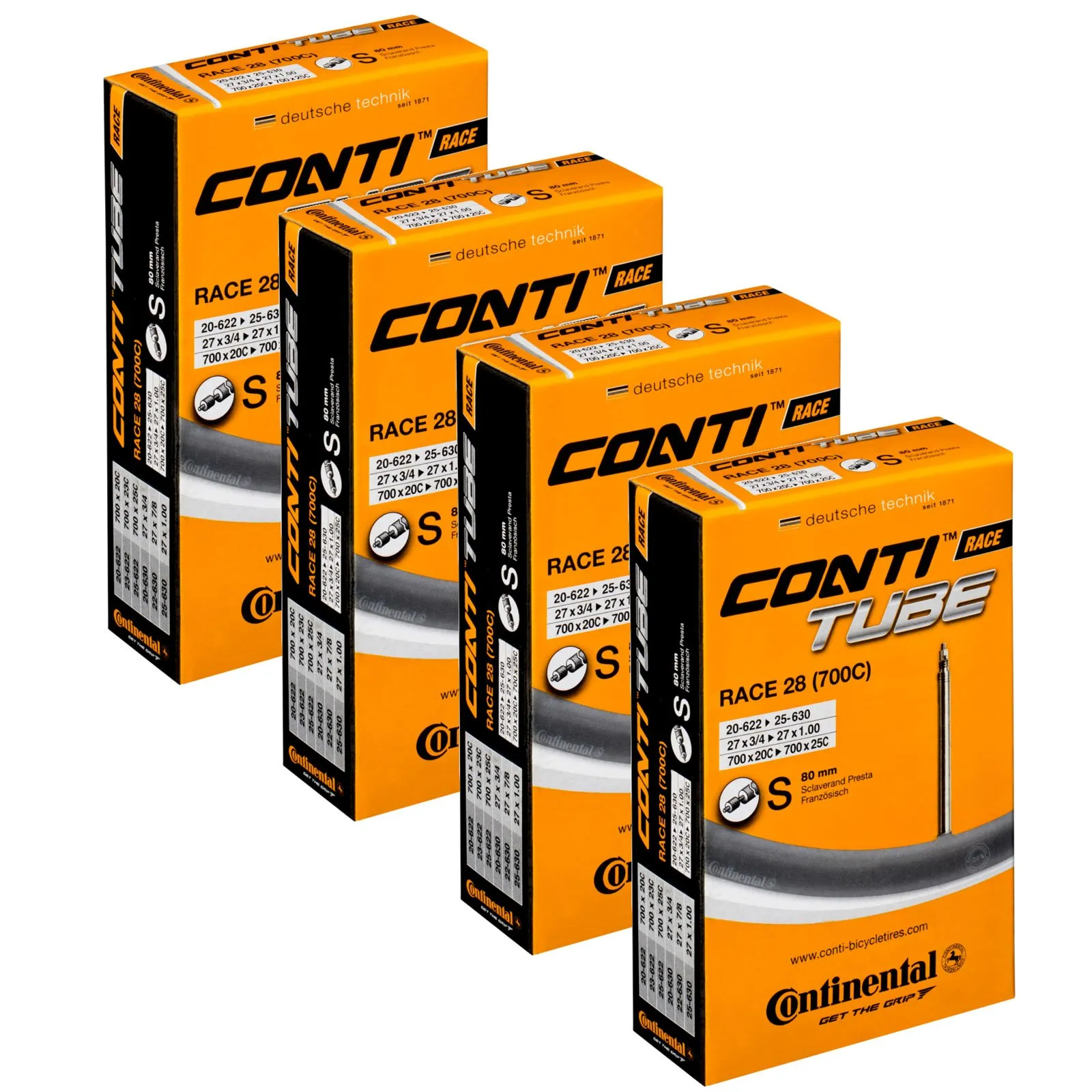 Continental Inner Tube Packs 700 x 20-25, Presta Valve 80mm, Set of 4 High-Quality Tubes